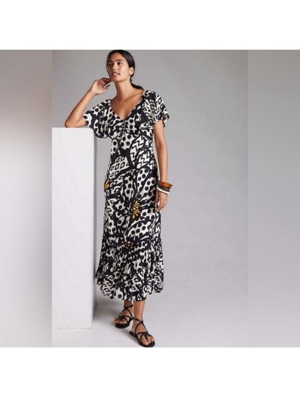 FARM Rio Black & White Printed Maxi Dress with Yellow Floral Details
